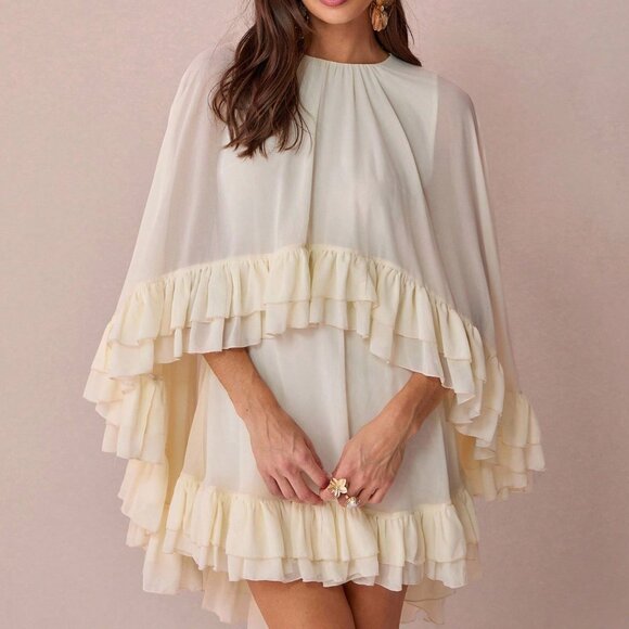 Apricot Boho Womens Romantic Cape Ruffle Hem Mini Dress - Picture 1 of 7